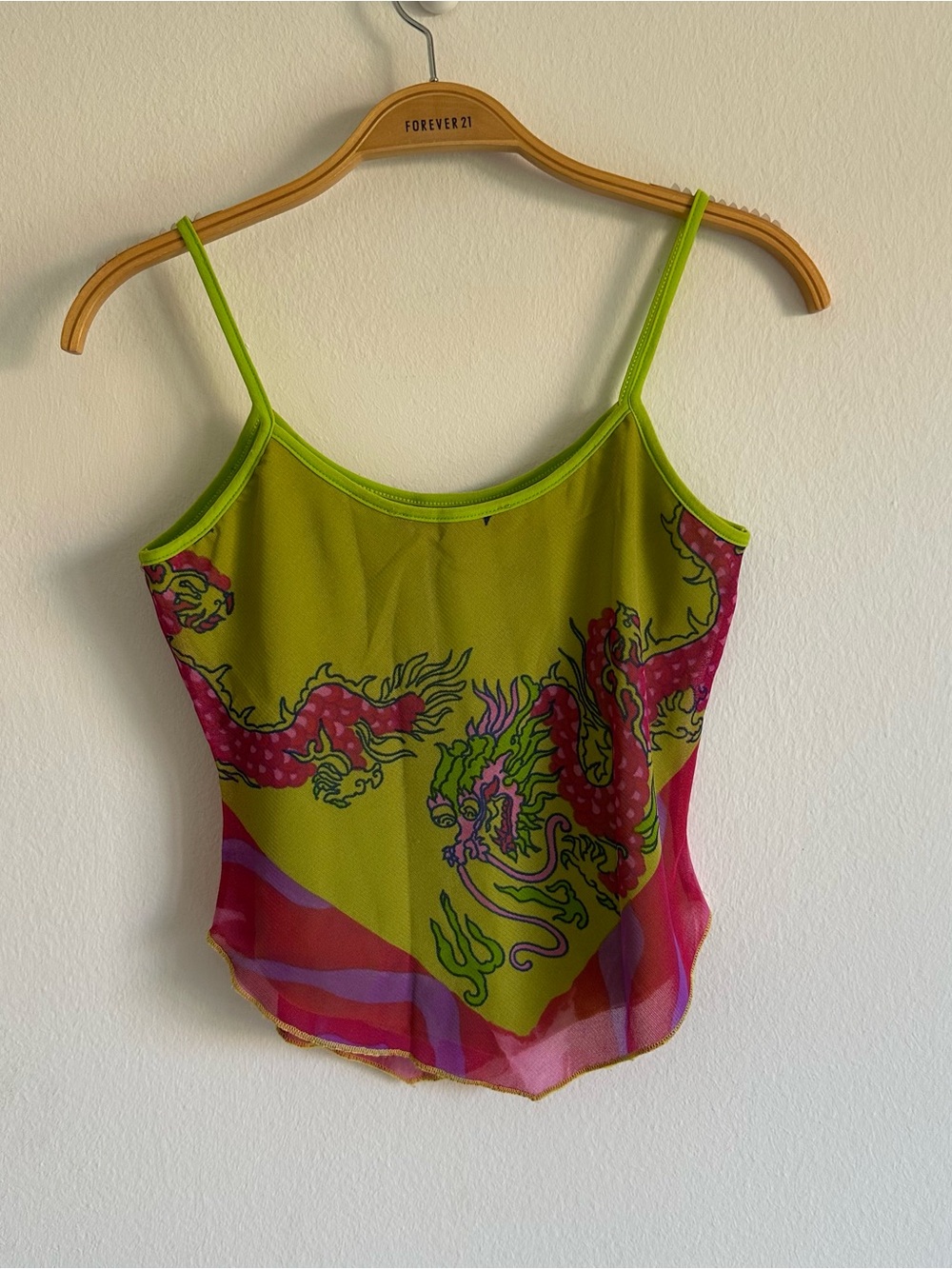 Vintage Y2K Astuces Tank Top Green Dragon Pink Mesh Asymmetrical Fairy Grunge - Picture 7 of 13